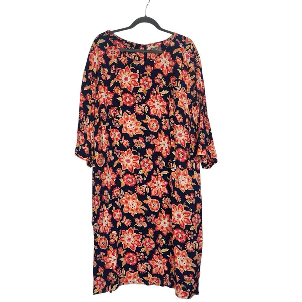 J. Jill Dress Plus Size 26 Navy Floral Printed 3/4 Sleeve Scoop Neck Springtime